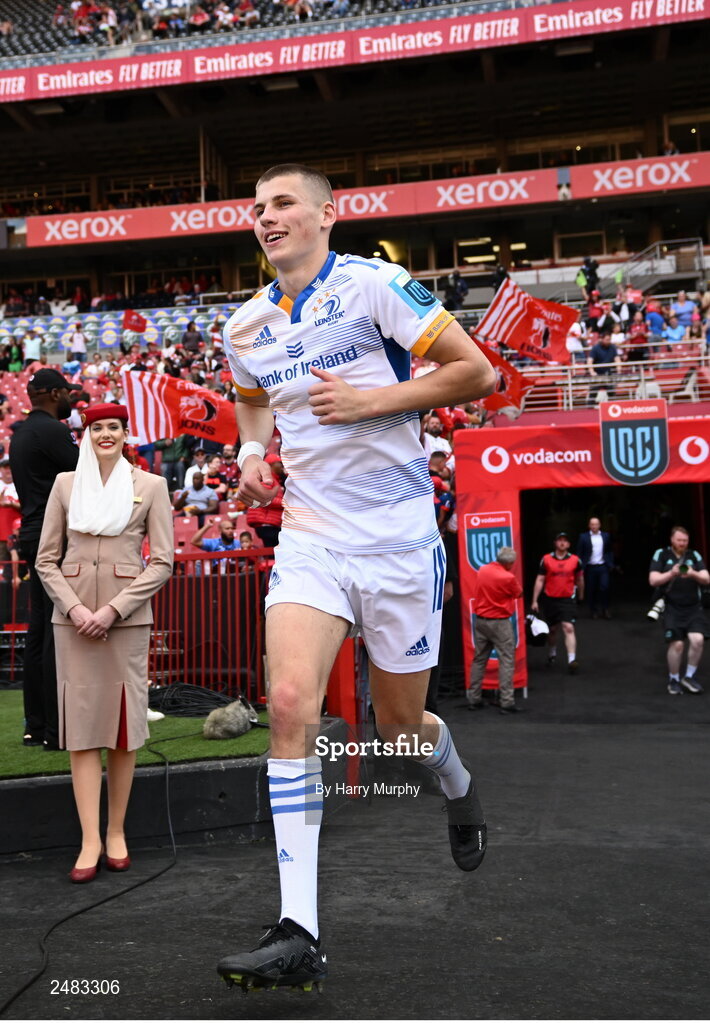 15 April 2023; Sam Prendergast of Leinster runs out to make his debut in the United Rugby Championship match between Emirates Lions and Leinster at Emirates Airlines Park in Johannesburg, South Africa. Photo by Harry Murphy/Sportsfile
