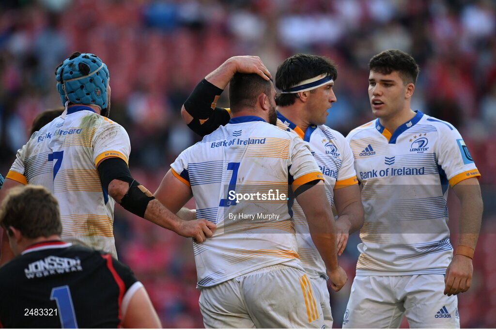 15 April 2023; Michael Milne of Leinster, 1, celebrates with teammates Will Connors, Thomas Clarkson and Ben Brownlee after scoring his side's third try during the United Rugby Championship match between Emirates Lions and Leinster at Emirates Airlines Park in Johannesburg, South Africa. Photo by Harry Murphy/Sportsfile