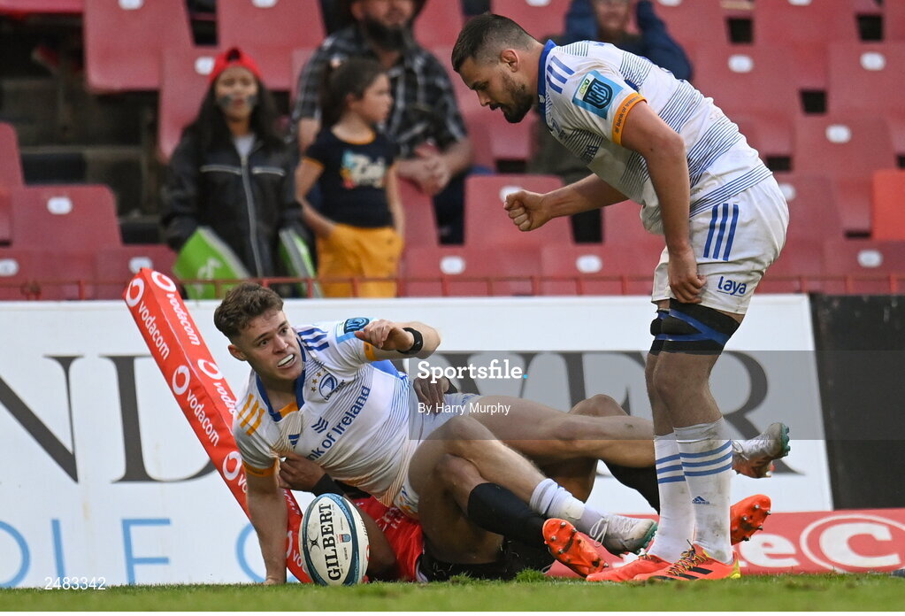 15 April 2023; Rob Russell of Leinster celebrates with teammate Max Deegan after scoring his side's fourth try during the United Rugby Championship match between Emirates Lions and Leinster at Emirates Airlines Park in Johannesburg, South Africa. Photo by Harry Murphy/Sportsfile