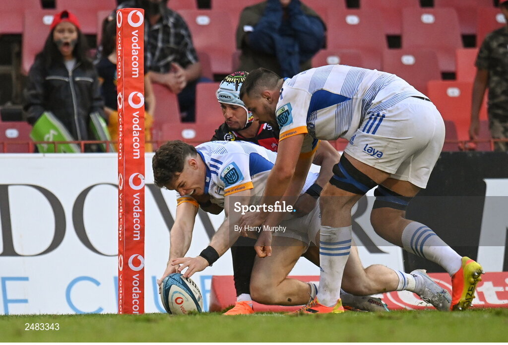 15 April 2023; Rob Russell of Leinster, supported by teammate Max Deegan, scores his side's fourth try despite the tackle of Edwill van der Merwe of Emirates Lions during the United Rugby Championship match between Emirates Lions and Leinster at Emirates Airlines Park in Johannesburg, South Africa. Photo by Harry Murphy/Sportsfile