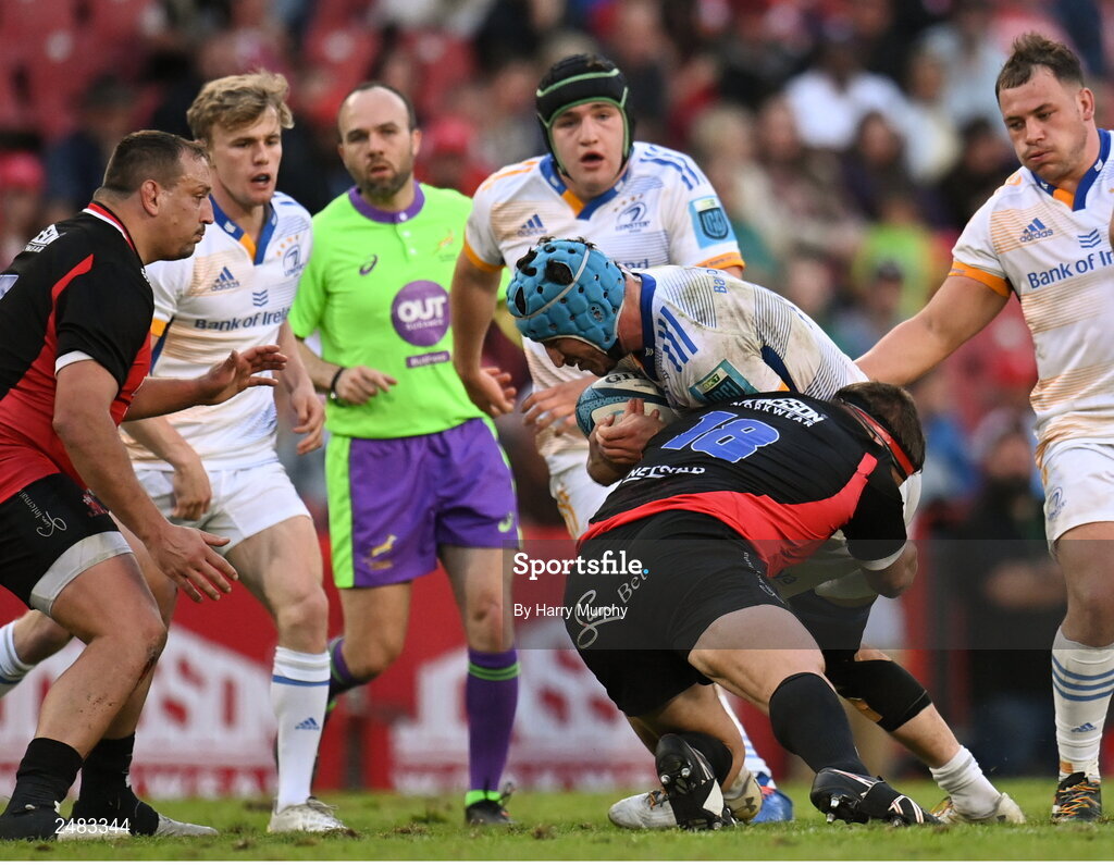 15 April 2023; Will Connors of Leinster is tackled by Ruan Dreyer of Emirates Lions during the United Rugby Championship match between Emirates Lions and Leinster at Emirates Airlines Park in Johannesburg, South Africa. Photo by Harry Murphy/Sportsfile