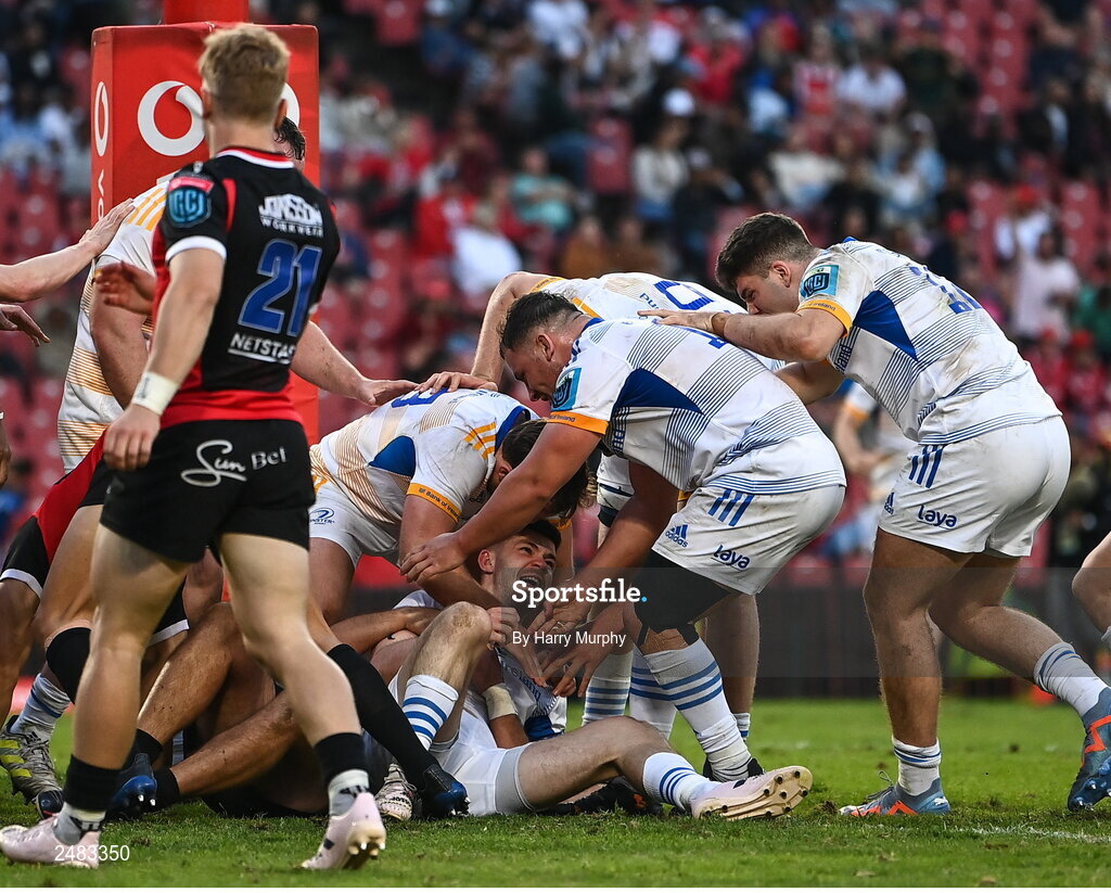 15 April 2023; Chris Cosgrave of Leinster celebrates with teammates after scoring his side's fifth try during the United Rugby Championship match between Emirates Lions and Leinster at Emirates Airlines Park in Johannesburg, South Africa. Photo by Harry Murphy/Sportsfile