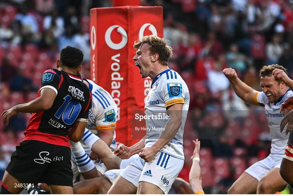 15 April 2023; Ben Murphy of Leinster celebrates his side's fifth try during the United Rugby Championship match between Emirates Lions and Leinster at Emirates Airlines Park in Johannesburg, South Africa. Photo by Harry Murphy/Sportsfile