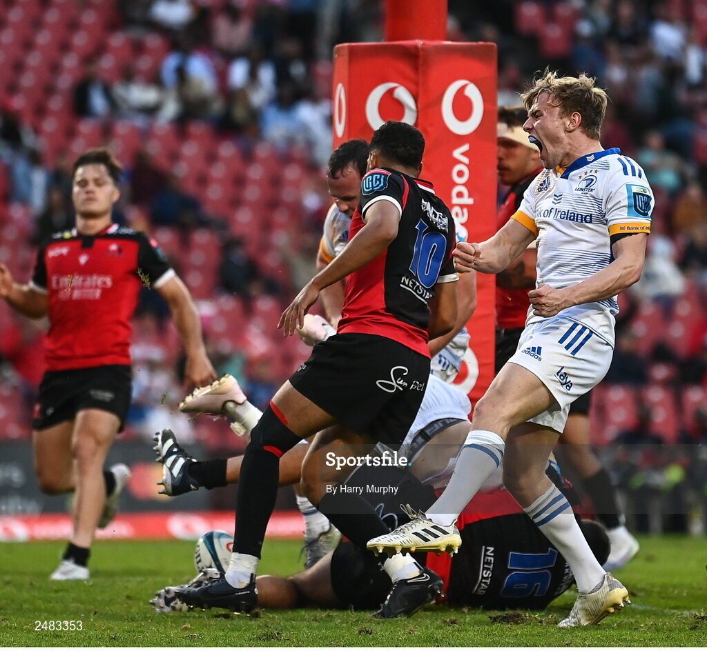 15 April 2023; Ben Murphy of Leinster celebrates his side's fifth try during the United Rugby Championship match between Emirates Lions and Leinster at Emirates Airlines Park in Johannesburg, South Africa. Photo by Harry Murphy/Sportsfile
