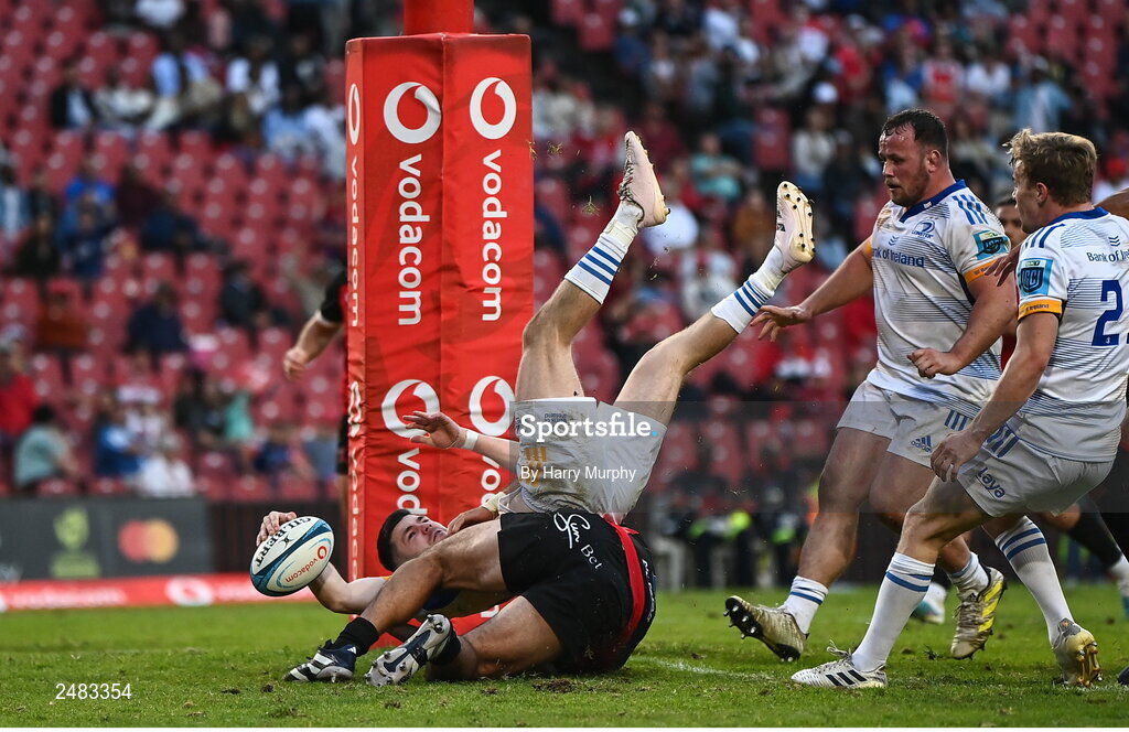 15 April 2023; Chris Cosgrave of Leinster scores his side's fifth try despite the tackle of Morne Brandon of Emirates Lions during the United Rugby Championship match between Emirates Lions and Leinster at Emirates Airlines Park in Johannesburg, South Africa. Photo by Harry Murphy/Sportsfile