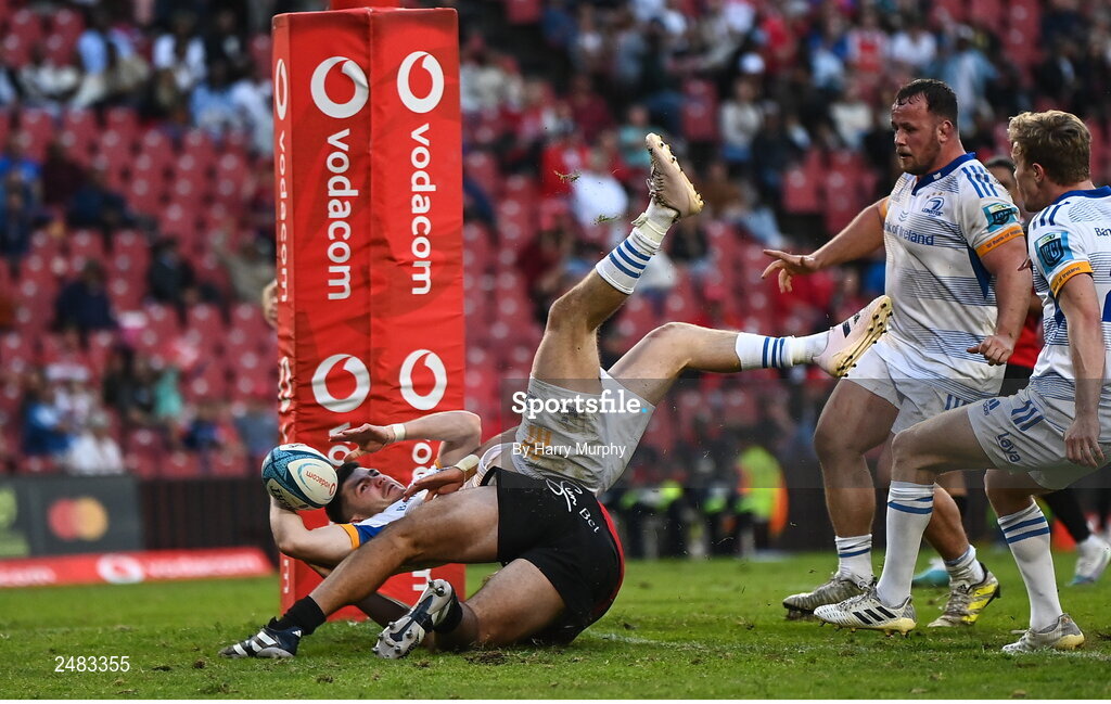 15 April 2023; Chris Cosgrave of Leinster scores his side's fifth try despite the tackle of Morne Brandon of Emirates Lions during the United Rugby Championship match between Emirates Lions and Leinster at Emirates Airlines Park in Johannesburg, South Africa. Photo by Harry Murphy/Sportsfile