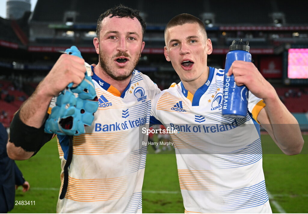 15 April 2023; Will Connors and Sam Prendergast of Leinster after their side's victory in the United Rugby Championship match between Emirates Lions and Leinster at Emirates Airlines Park in Johannesburg, South Africa. Photo by Harry Murphy/Sportsfile