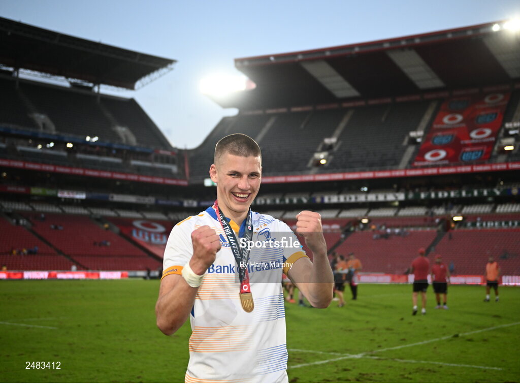 15 April 2023; Sam Prendergast of Leinster after his side's victory in the United Rugby Championship match between Emirates Lions and Leinster at Emirates Airlines Park in Johannesburg, South Africa. Photo by Harry Murphy/Sportsfile