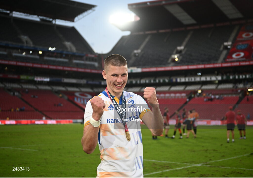 15 April 2023; Sam Prendergast of Leinster after his side's victory in the United Rugby Championship match between Emirates Lions and Leinster at Emirates Airlines Park in Johannesburg, South Africa. Photo by Harry Murphy/Sportsfile