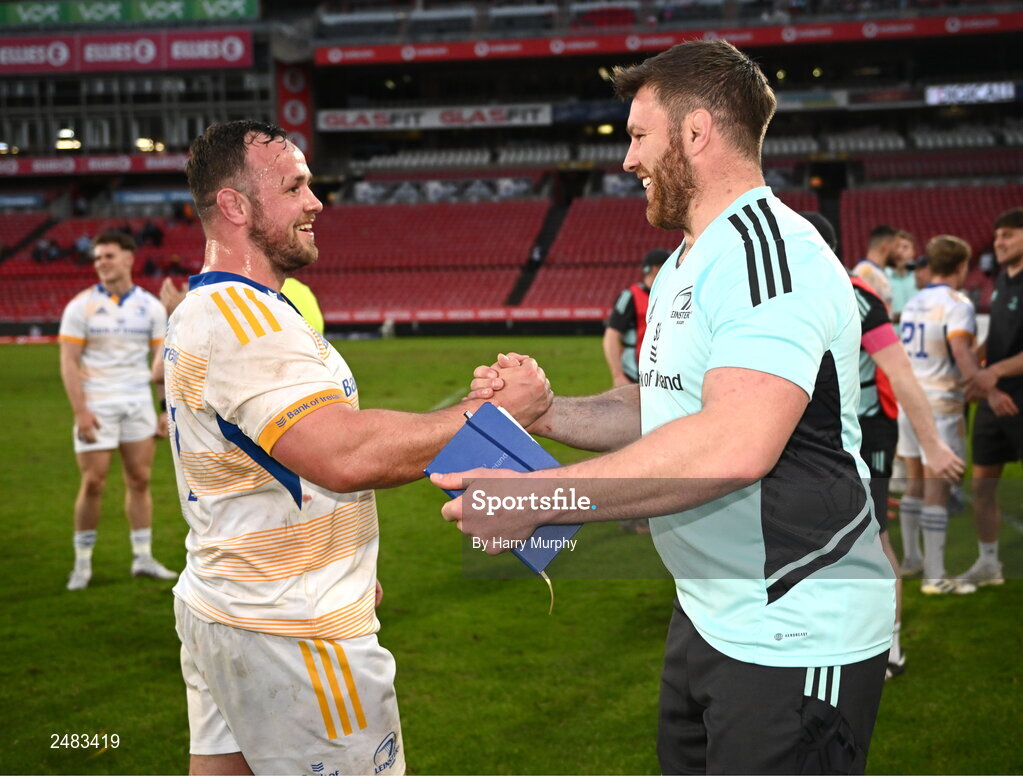 15 April 2023; Ed Byrne of Leinster and contact skills coach Sean O'Brien after their side's victory in the United Rugby Championship match between Emirates Lions and Leinster at Emirates Airlines Park in Johannesburg, South Africa. Photo by Harry Murphy/Sportsfile