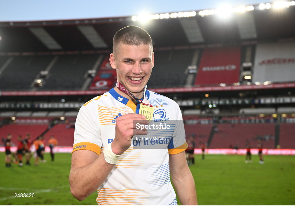 15 April 2023; Sam Prendergast of Leinster with his player of the match award after kicking the winning penalty in the United Rugby Championship match between Emirates Lions and Leinster at Emirates Airlines Park in Johannesburg, South Africa. Photo by Harry Murphy/Sportsfile