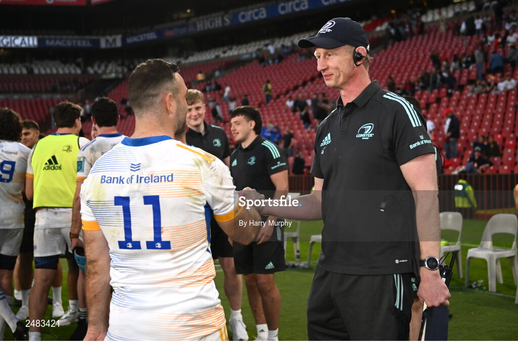 15 April 2023; Leinster head coach Leo Cullen and Dave Kearney of Leinster after his side's victory in the United Rugby Championship match between Emirates Lions and Leinster at Emirates Airlines Park in Johannesburg, South Africa. Photo by Harry Murphy/Sportsfile