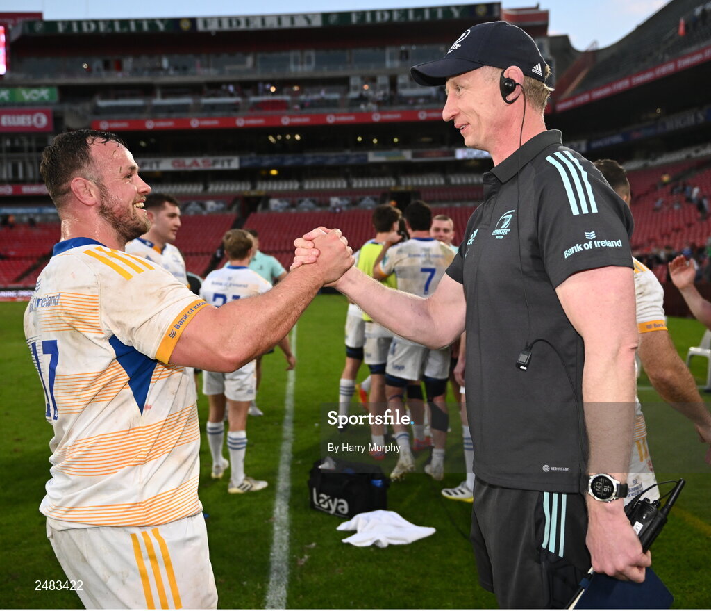 15 April 2023; Ed Byrne of Leinster and head coach Leo Cullen after their side's victory in the United Rugby Championship match between Emirates Lions and Leinster at Emirates Airlines Park in Johannesburg, South Africa. Photo by Harry Murphy/Sportsfile