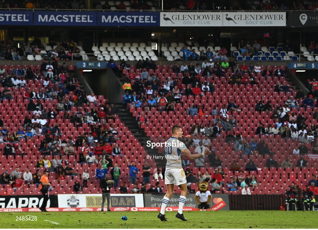 15 April 2023; Sam Prendergast of Leinster celebrates kicking the winning penalty during the United Rugby Championship match between Emirates Lions and Leinster at Emirates Airlines Park in Johannesburg, South Africa. Photo by Harry Murphy/Sportsfile