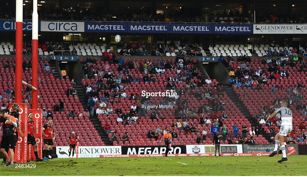 15 April 2023; Sam Prendergast of Leinster kicks the winning penalty during the United Rugby Championship match between Emirates Lions and Leinster at Emirates Airlines Park in Johannesburg, South Africa. Photo by Harry Murphy/Sportsfile