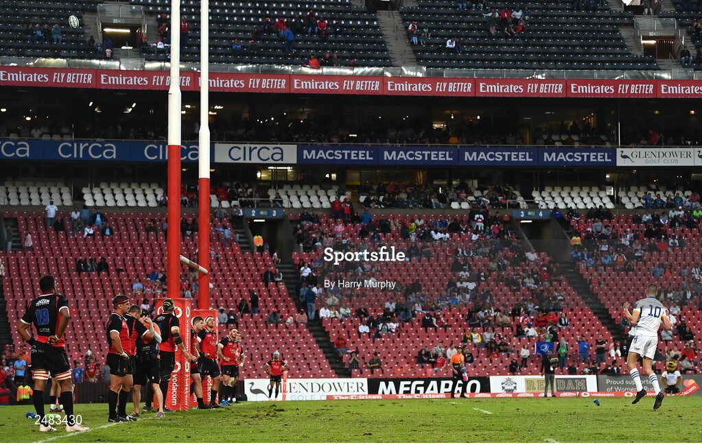 15 April 2023; Sam Prendergast of Leinster celebrates kicking the winning penalty during the United Rugby Championship match between Emirates Lions and Leinster at Emirates Airlines Park in Johannesburg, South Africa. Photo by Harry Murphy/Sportsfile