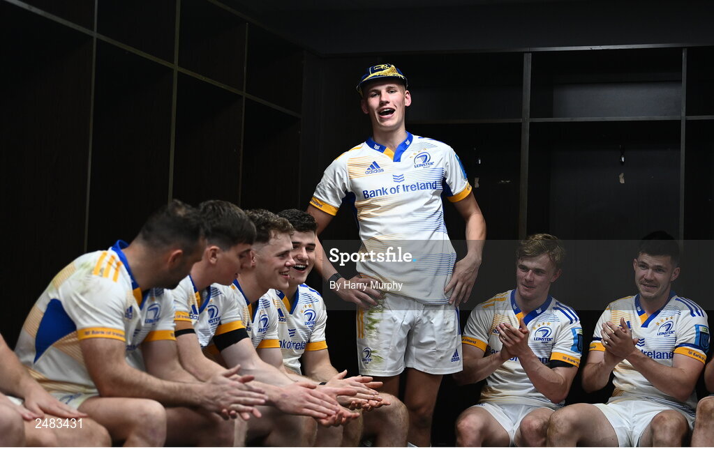 15 April 2023; Sam Prendergast of Leinster sings in the dressing room after making his debut and kicking the winning penalty in the United Rugby Championship match between Emirates Lions and Leinster at Emirates Airlines Park in Johannesburg, South Africa. Photo by Harry Murphy/Sportsfile