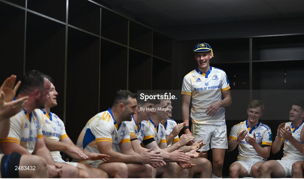 15 April 2023; Sam Prendergast of Leinster sings in the dressing room after making his debut and kicking the winning penalty in the United Rugby Championship match between Emirates Lions and Leinster at Emirates Airlines Park in Johannesburg, South Africa. Photo by Harry Murphy/Sportsfile