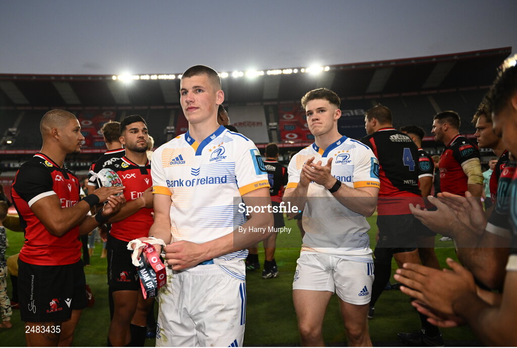 15 April 2023; Sam Prendergast and Rob Russell of Leinster after their side's victory in the United Rugby Championship match between Emirates Lions and Leinster at Emirates Airlines Park in Johannesburg, South Africa. Photo by Harry Murphy/Sportsfile
