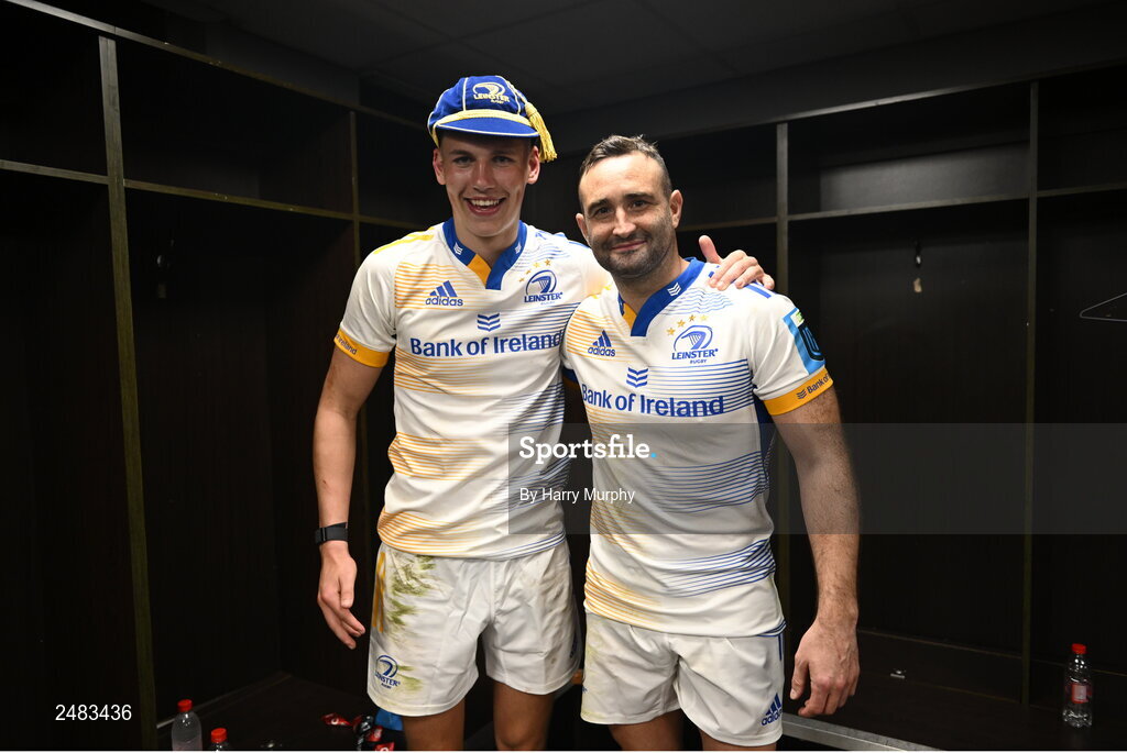 15 April 2023; Leinster players Sam Prendergast after making his debut and Dave Kearney after making his 150th appearance in the United Rugby Championship match between Emirates Lions and Leinster at Emirates Airlines Park in Johannesburg, South Africa. Photo by Harry Murphy/Sportsfile
