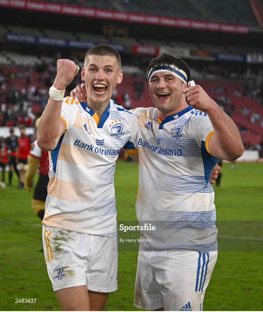 15 April 2023; Sam Prendergast and Thomas Clarkson of Leinster after their side's victory in the United Rugby Championship match between Emirates Lions and Leinster at Emirates Airlines Park in Johannesburg, South Africa. Photo by Harry Murphy/Sportsfile