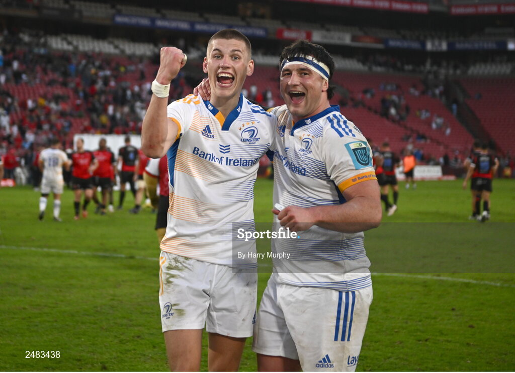 15 April 2023; Sam Prendergast and Thomas Clarkson of Leinster after their side's victory in the United Rugby Championship match between Emirates Lions and Leinster at Emirates Airlines Park in Johannesburg, South Africa. Photo by Harry Murphy/Sportsfile