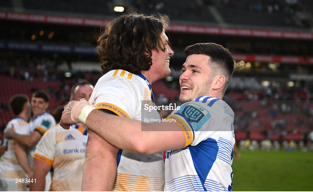 15 April 2023; Chris Cosgrave and Alex Soroka of Leinster after their side's victory in during the United Rugby Championship match between Emirates Lions and Leinster at Emirates Airlines Park in Johannesburg, South Africa. Photo by Harry Murphy/Sportsfile