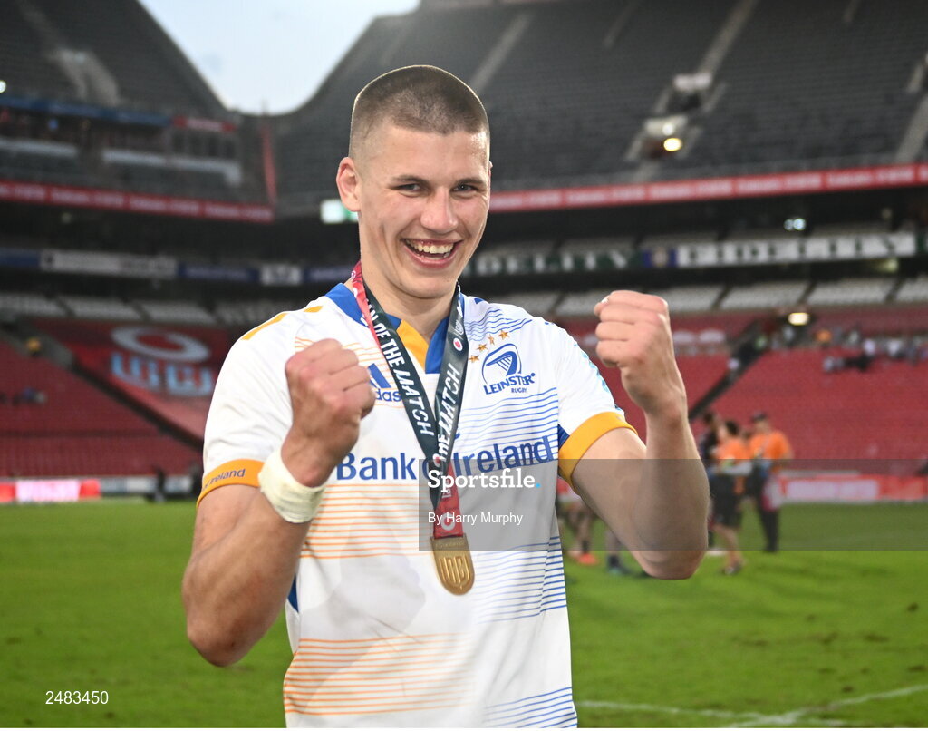 15 April 2023; Sam Prendergast of Leinster after his side's victory in the United Rugby Championship match between Emirates Lions and Leinster at Emirates Airlines Park in Johannesburg, South Africa. Photo by Harry Murphy/Sportsfile