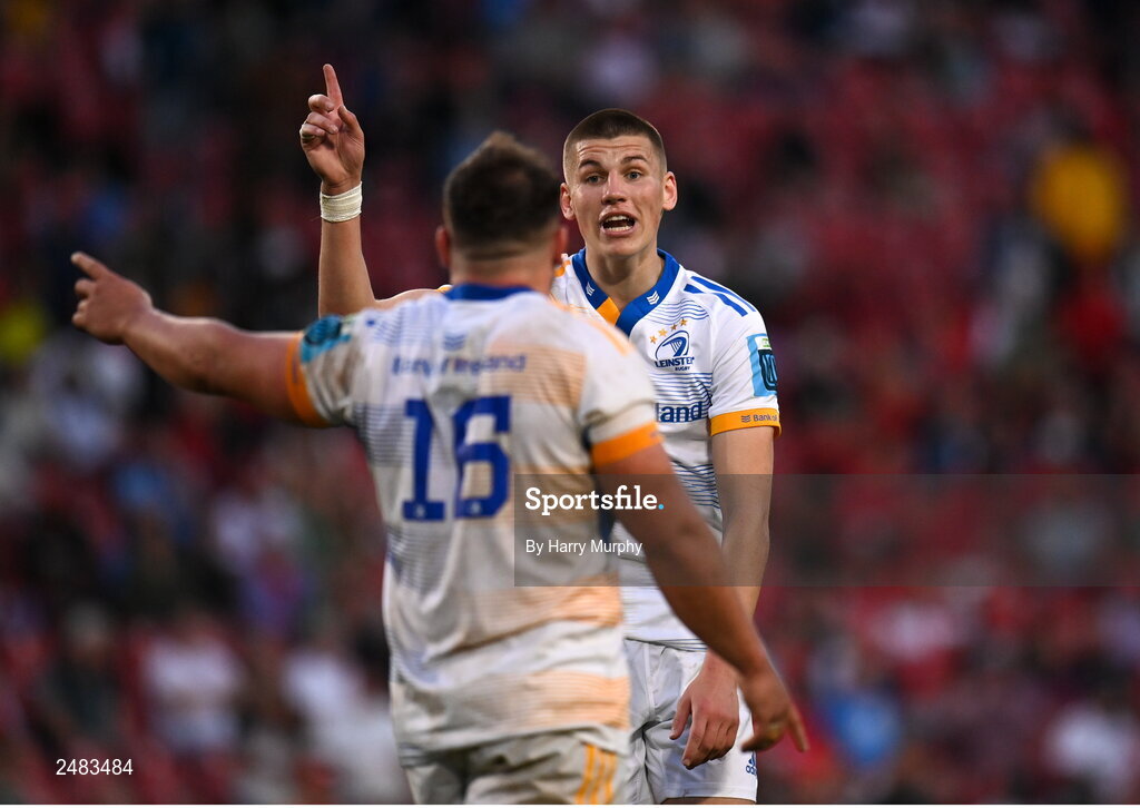 15 April 2023; Sam Prendergast of Leinster signals to kick a penalty during the United Rugby Championship match between Emirates Lions and Leinster at Emirates Airlines Park in Johannesburg, South Africa. Photo by Harry Murphy/Sportsfile