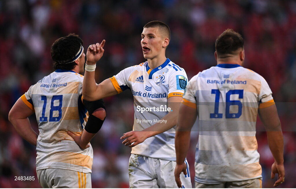 15 April 2023; Sam Prendergast of Leinster signals to kick a penalty during the United Rugby Championship match between Emirates Lions and Leinster at Emirates Airlines Park in Johannesburg, South Africa. Photo by Harry Murphy/Sportsfile