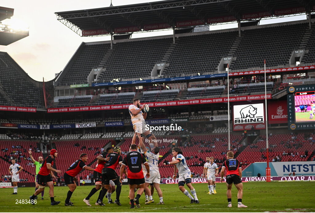 15 April 2023; Jason Jenkins of Leinster takes possession in a lineout during the United Rugby Championship match between Emirates Lions and Leinster at Emirates Airlines Park in Johannesburg, South Africa. Photo by Harry Murphy/Sportsfile