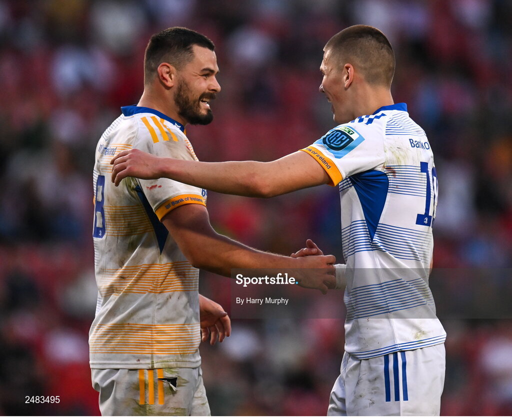 15 April 2023; Max Deegan and Sam Prendergast of Leinster celebrate the awarding of a penalty during the United Rugby Championship match between Emirates Lions and Leinster at Emirates Airlines Park in Johannesburg, South Africa. Photo by Harry Murphy/Sportsfile