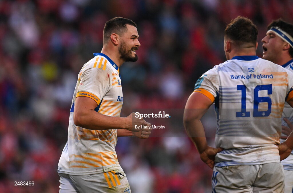 15 April 2023; Max Deegan of Leinster celebrates during the United Rugby Championship match between Emirates Lions and Leinster at Emirates Airlines Park in Johannesburg, South Africa. Photo by Harry Murphy/Sportsfile