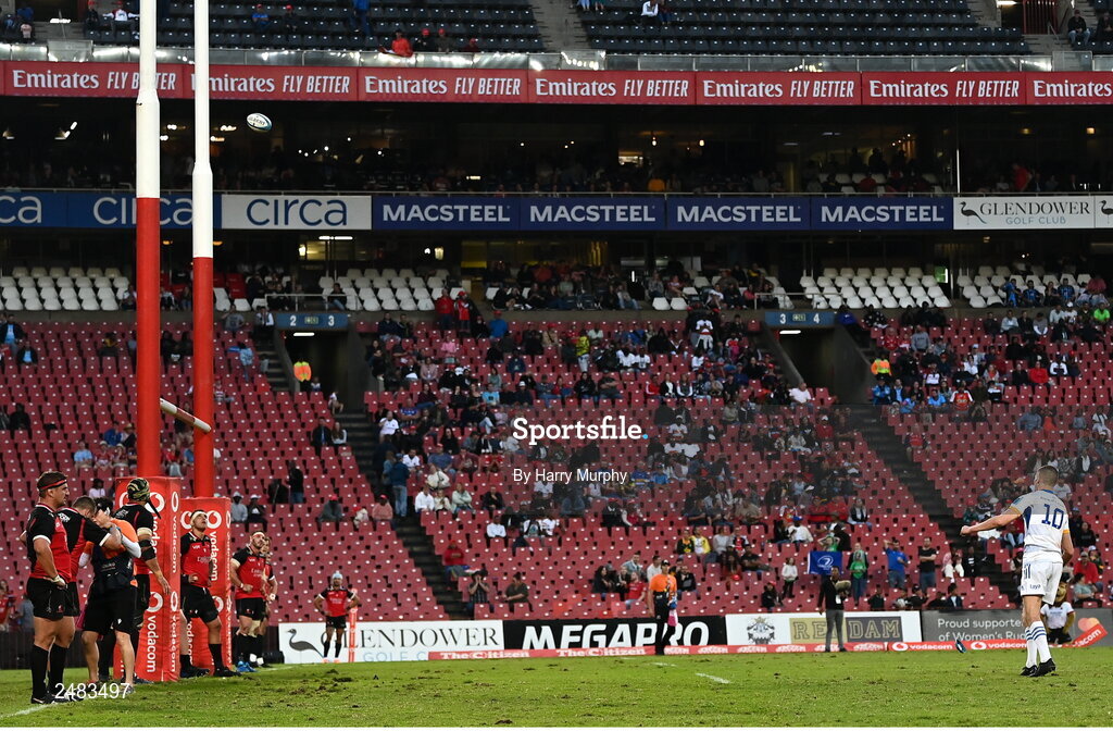 15 April 2023; Sam Prendergast of Leinster kicks the winning penalty in the United Rugby Championship match between Emirates Lions and Leinster at Emirates Airlines Park in Johannesburg, South Africa. Photo by Harry Murphy/Sportsfile