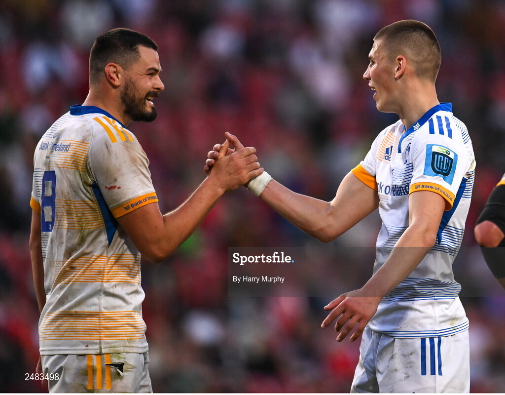 15 April 2023; Max Deegan and Sam Prendergast of Leinster celebrate the awarding of a penalty during the United Rugby Championship match between Emirates Lions and Leinster at Emirates Airlines Park in Johannesburg, South Africa. Photo by Harry Murphy/Sportsfile