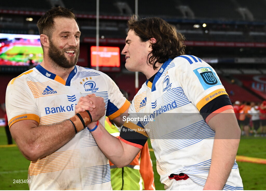 15 April 2023; Jason Jenkins and Alex Soroka of Leinster after their side's victory in the United Rugby Championship match between Emirates Lions and Leinster at Emirates Airlines Park in Johannesburg, South Africa. Photo by Harry Murphy/Sportsfile