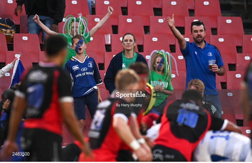 15 April 2023; Leinster supporters cheer on their team during the United Rugby Championship match between Emirates Lions and Leinster at Emirates Airlines Park in Johannesburg, South Africa. Photo by Harry Murphy/Sportsfile