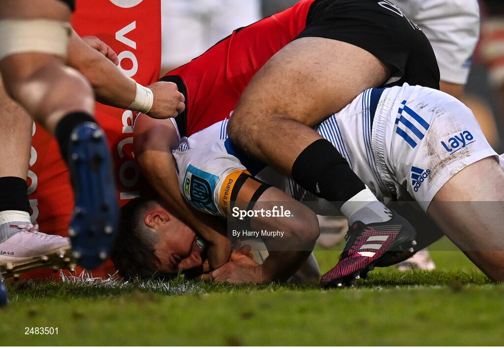 15 April 2023; Charlie Tector of Leinster is stopped short of the line during the United Rugby Championship match between Emirates Lions and Leinster at Emirates Airlines Park in Johannesburg, South Africa. Photo by Harry Murphy/Sportsfile