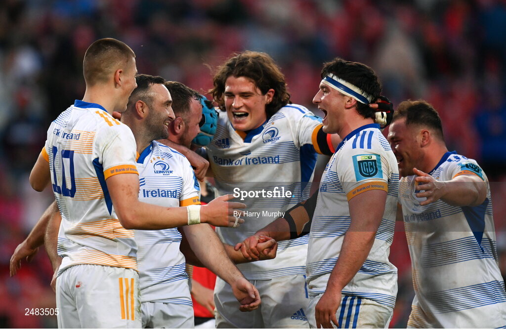 15 April 2023; Leinster players, from left, Sam Prendergast, Dave Kearney, Ed Byrne, Alex Soroka, Thomas Clarkson and Tadgh McElroy celebrate after their side's victory in the United Rugby Championship match between Emirates Lions and Leinster at Emirates Airlines Park in Johannesburg, South Africa. Photo by Harry Murphy/Sportsfile