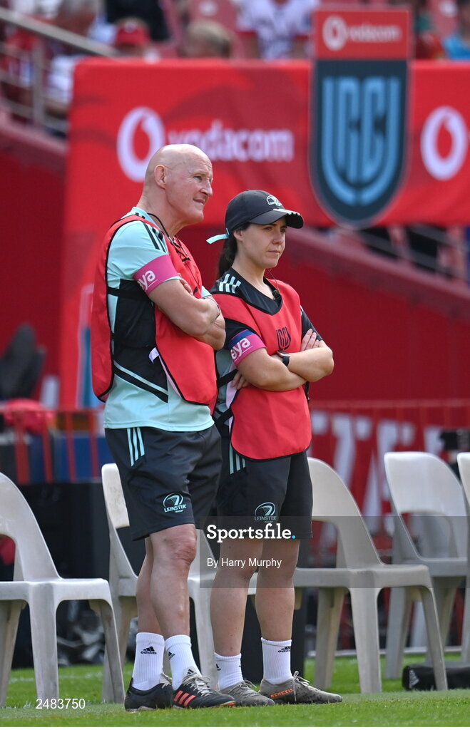 15 April 2023; Leinster team doctor and exercise medicine consultant Dr Jim McShane and Leinster academy rehabilitation physiotherapist Aoife Healy during the United Rugby Championship match between Emirates Lions and Leinster at Emirates Airlines Park in Johannesburg, South Africa. Photo by Harry Murphy/Sportsfile