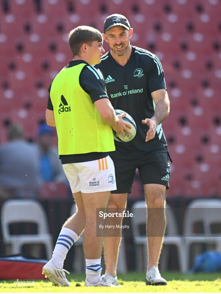 15 April 2023; Leinster assistant coach Andrew Goodman and Fintan Gunne during the United Rugby Championship match between Emirates Lions and Leinster at Emirates Airlines Park in Johannesburg, South Africa. Photo by Harry Murphy/Sportsfile