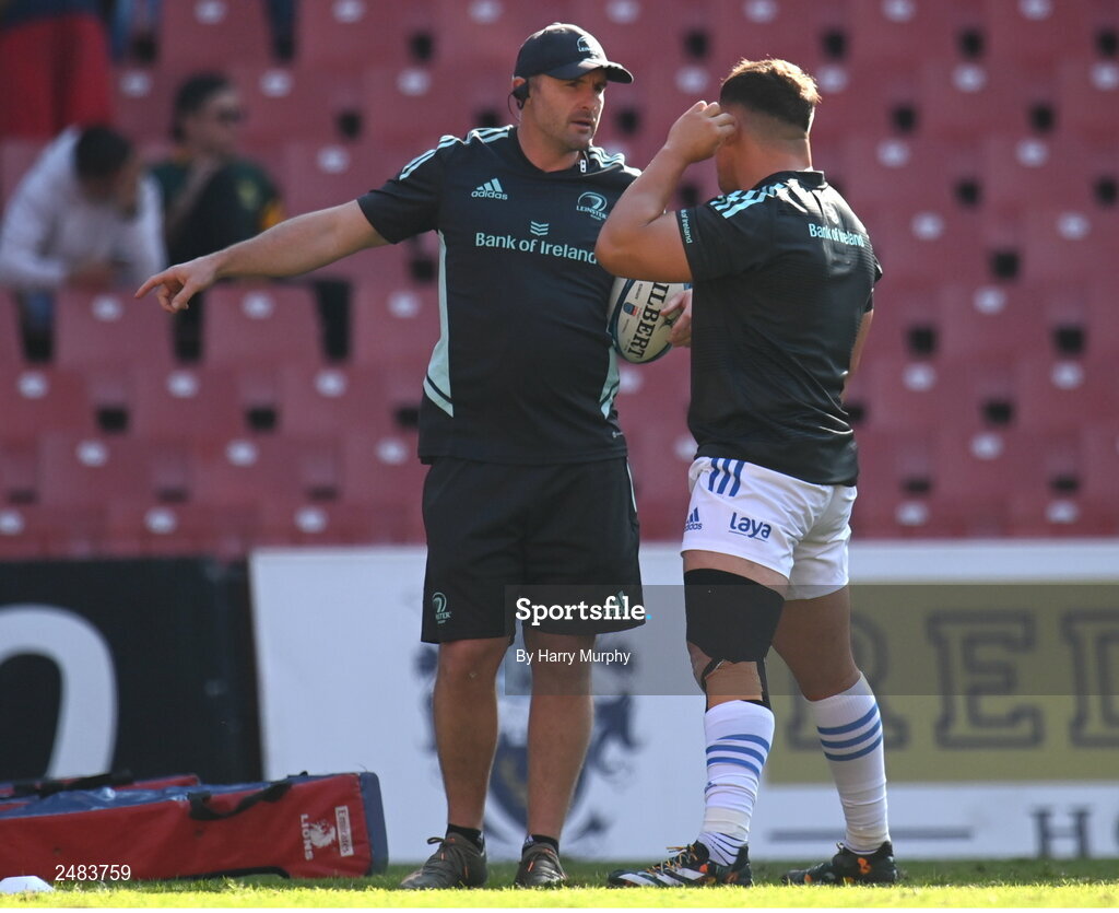 15 April 2023; Leinster elite player development officer Aaron Dundon and Tadgh McElroy during the United Rugby Championship match between Emirates Lions and Leinster at Emirates Airlines Park in Johannesburg, South Africa. Photo by Harry Murphy/Sportsfile