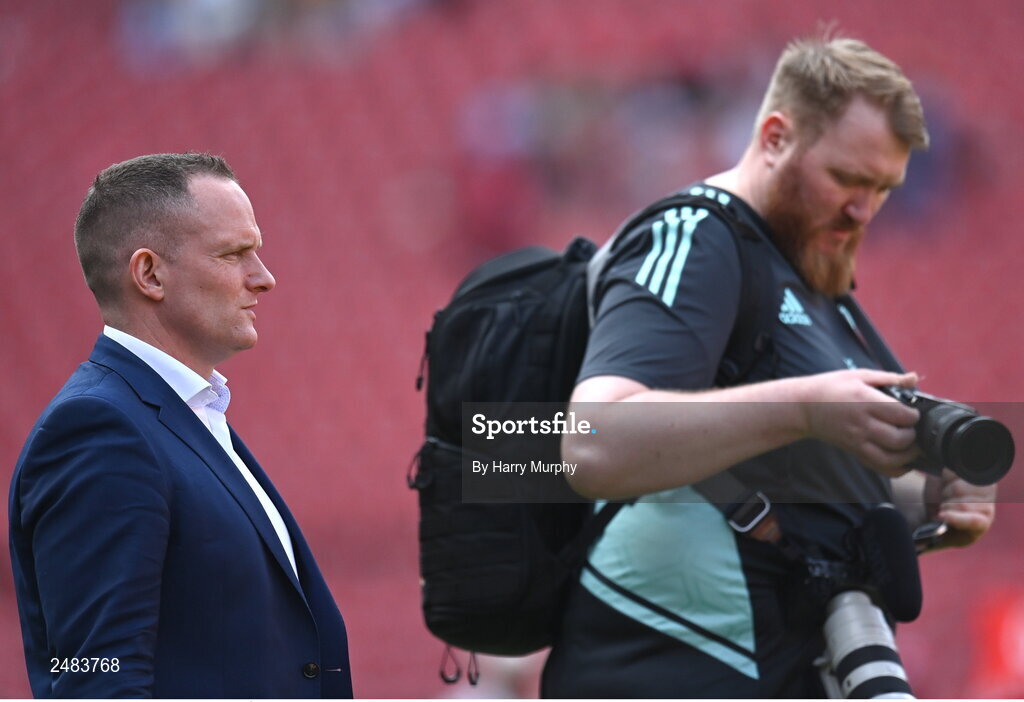 15 April 2023; Leinster senior communications & media manager Marcus Ó Buachalla and videographer Robert Maguire during the United Rugby Championship match between Emirates Lions and Leinster at Emirates Airlines Park in Johannesburg, South Africa. Photo by Harry Murphy/Sportsfile