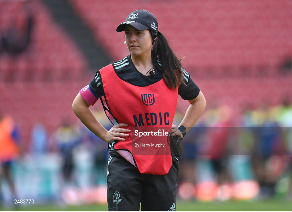 15 April 2023; Leinster academy rehabilitation physiotherapist Aoife Healy during the United Rugby Championship match between Emirates Lions and Leinster at Emirates Airlines Park in Johannesburg, South Africa. Photo by Harry Murphy/Sportsfile