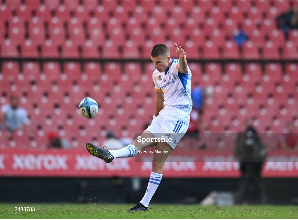 15 April 2023; Sam Prendergast of Leinster kicks off the United Rugby Championship match between Emirates Lions and Leinster at Emirates Airlines Park in Johannesburg, South Africa. Photo by Harry Murphy/Sportsfile