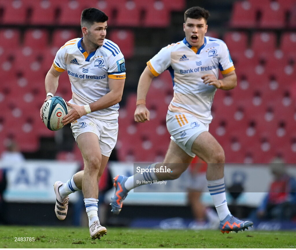 15 April 2023; Chris Cosgrave, left, and Ben Brownlee of Leinster during the United Rugby Championship match between Emirates Lions and Leinster at Emirates Airlines Park in Johannesburg, South Africa. Photo by Harry Murphy/Sportsfile