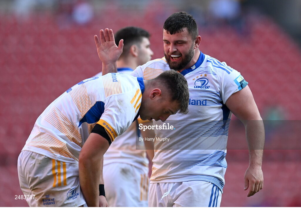15 April 2023; Michael Milne and Lee Barron of Leinster during the United Rugby Championship match between Emirates Lions and Leinster at Emirates Airlines Park in Johannesburg, South Africa. Photo by Harry Murphy/Sportsfile