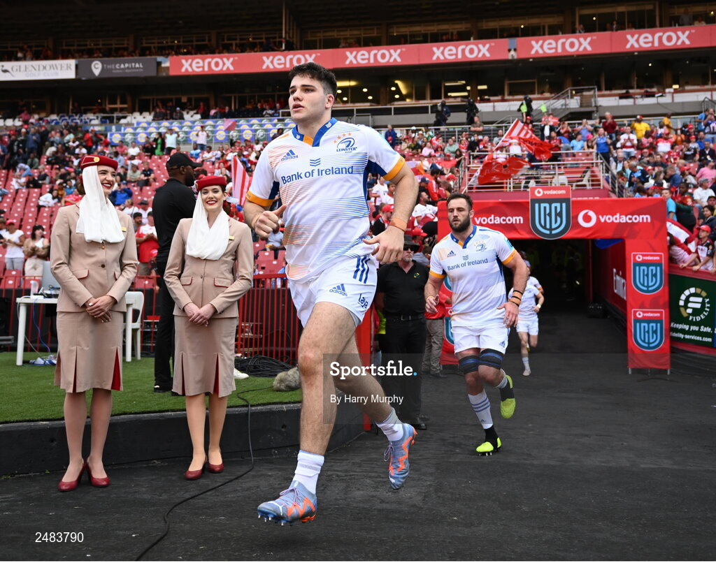 15 April 2023; Ben Brownlee of Leinster runs out before during the United Rugby Championship match between Emirates Lions and Leinster at Emirates Airlines Park in Johannesburg, South Africa. Photo by Harry Murphy/Sportsfile