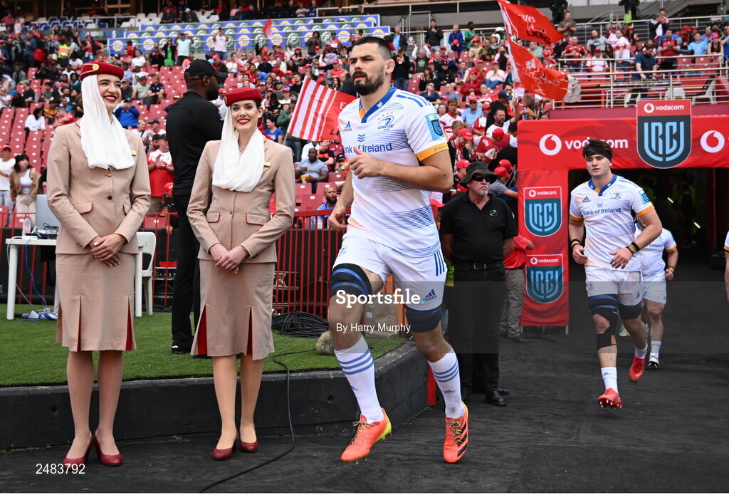 15 April 2023; Max Deegan of Leinster runs out before the United Rugby Championship match between Emirates Lions and Leinster at Emirates Airlines Park in Johannesburg, South Africa. Photo by Harry Murphy/Sportsfile