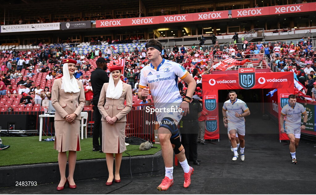 15 April 2023; Brian Deeny of Leinster runs out before the United Rugby Championship match between Emirates Lions and Leinster at Emirates Airlines Park in Johannesburg, South Africa. Photo by Harry Murphy/Sportsfile